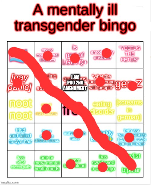a mentally ill transgender bingo | I AM PRO 2ND AMENDMENT | image tagged in a mentally ill transgender bingo | made w/ Imgflip meme maker