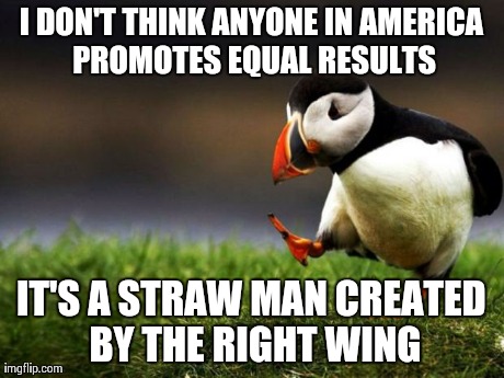 Unpopular Opinion Puffin | I DON'T THINK ANYONE IN AMERICA PROMOTES EQUAL RESULTS IT'S A STRAW MAN CREATED BY THE RIGHT WING | image tagged in memes,unpopular opinion puffin,AdviceAnimals | made w/ Imgflip meme maker