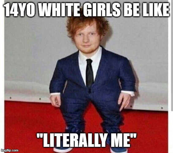 ... | 14YO WHITE GIRLS BE LIKE; "LITERALLY ME" | image tagged in short ed sheeran | made w/ Imgflip meme maker