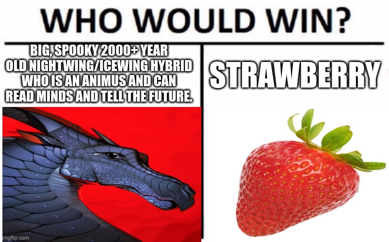 Just a WoF fan, dont mind me! | BIG, SPOOKY 2000+ YEAR OLD NIGHTWING/ICEWING HYBRID WHO IS AN ANIMUS AND CAN READ MINDS AND TELL THE FUTURE. STRAWBERRY | image tagged in memes,who would win,dragons,wings of fire,strawberry | made w/ Imgflip meme maker