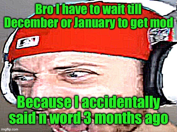 Disgusted | Bro I have to wait till December or January to get mod; Because I accidentally said n word 3 months ago | image tagged in disgusted | made w/ Imgflip meme maker
