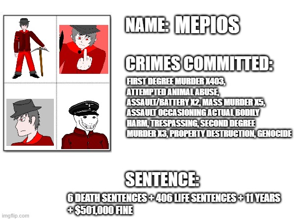 If Mepios was Charged for his Crimes (imgflip) ***YT COMING SOON!*** | MEPIOS; FIRST DEGREE MURDER X403, ATTEMPTED ANIMAL ABUSE, ASSAULT/BATTERY X2, MASS MURDER X5, ASSAULT OCCASIONING ACTUAL BODILY HARM, TRESPASSING, SECOND DEGREE MURDER X3, PROPERTY DESTRUCTION, GENOCIDE; 6 DEATH SENTENCES + 406 LIFE SENTENCES + 11 YEARS 
+ $501,000 FINE | image tagged in criminal record,mepios | made w/ Imgflip meme maker
