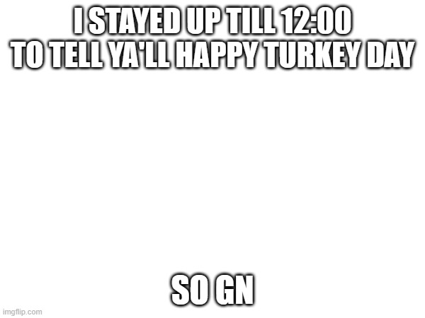 pls let me sleep | I STAYED UP TILL 12:00 TO TELL YA'LL HAPPY TURKEY DAY; SO GN | image tagged in canisleepnow | made w/ Imgflip meme maker