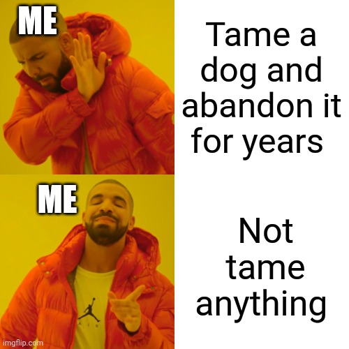 Drake Hotline Bling Meme | Tame a dog and abandon it for years Not tame anything ME ME | image tagged in memes,drake hotline bling | made w/ Imgflip meme maker