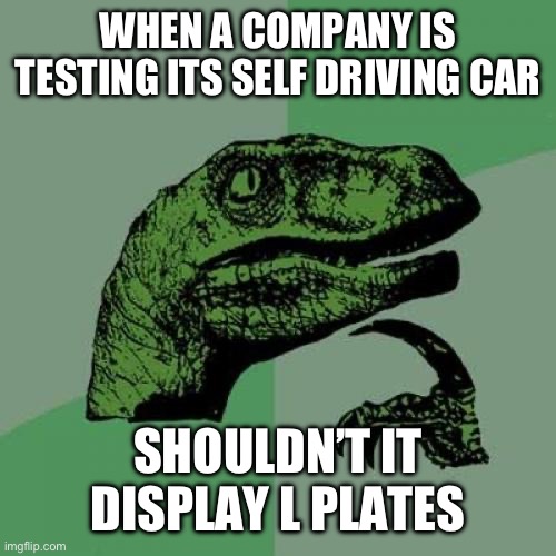 Hmmmmmmm | WHEN A COMPANY IS TESTING ITS SELF DRIVING CAR; SHOULDN’T IT DISPLAY L PLATES | image tagged in memes,philosoraptor | made w/ Imgflip meme maker