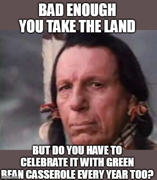 Thanksgiving and green bean casserole | BAD ENOUGH YOU TAKE THE LAND; BUT DO YOU HAVE TO CELEBRATE IT WITH GREEN BEAN CASSEROLE EVERY YEAR TOO? | image tagged in native american single tear,funny,thanksgiving,happy thanksgiving,green bean casserole | made w/ Imgflip meme maker
