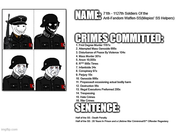 . | 71th - 1127th Soldiers Of the Anti-Fandom Waffen-SS(Mepios' SS Helpers); 1. First Degree Murder 1167x
2. Attempted Mass Genocide 666x
3. Disturbance of Peace By Violence 104x
4. Mass Murder 301x
5. Arson 10,000x
6. R*** 998x Times
7. Infanticide 34x
8. Conspiracy 97x
9. Perjury 10x
10. Genocide 666x
11. Propassault occasioning actual bodily harm
12. Destruction 56x
13. Illegal Executions Preformed 200x
14. Trespassing 
15. Hate Crimes 
16. War Crimes; Half of the SS : Death Penalty
Half of the SS : 20 Years In Prison and a Lifetime War Crimiminal/S** Offender Regestery | image tagged in criminal record,pro-fandom,vs,anti-furry/anti-fandom,war,trails | made w/ Imgflip meme maker
