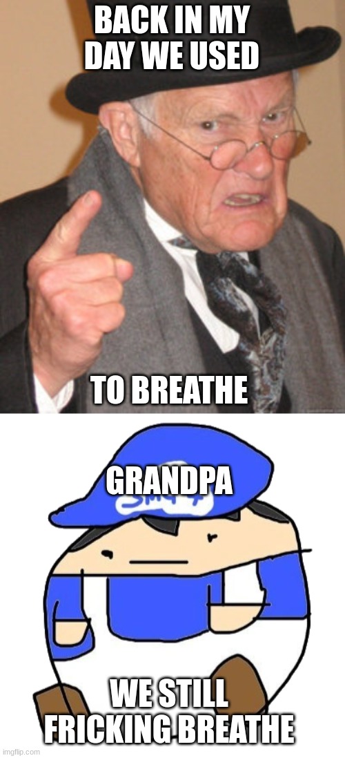 grandpa, did you take math? | BACK IN MY DAY WE USED; TO BREATHE; GRANDPA; WE STILL FRICKING BREATHE | image tagged in memes,back in my day | made w/ Imgflip meme maker