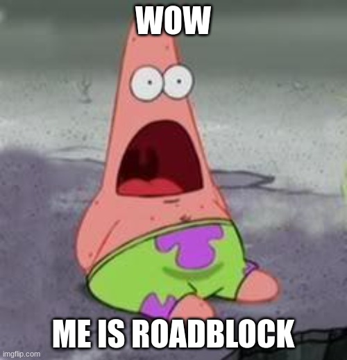 Suprised Patrick | WOW ME IS ROADBLOCK | image tagged in suprised patrick | made w/ Imgflip meme maker