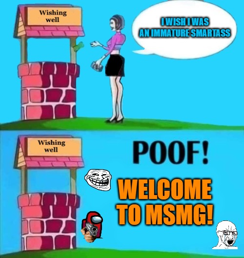 I wish I may I wish I might | I WISH I WAS AN IMMATURE SMARTASS; WELCOME TO MSMG! | image tagged in wishing well,kewlew | made w/ Imgflip meme maker