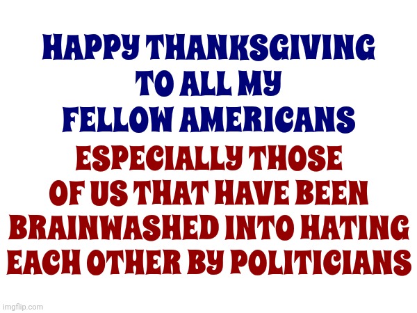 Happy Thanksgiving | HAPPY THANKSGIVING TO ALL MY FELLOW AMERICANS; ESPECIALLY THOSE OF US THAT HAVE BEEN BRAINWASHED INTO HATING EACH OTHER BY POLITICIANS | image tagged in happy thanksgiving,thanksgiving day,give thanks,thankful,thanksgiving,memes | made w/ Imgflip meme maker