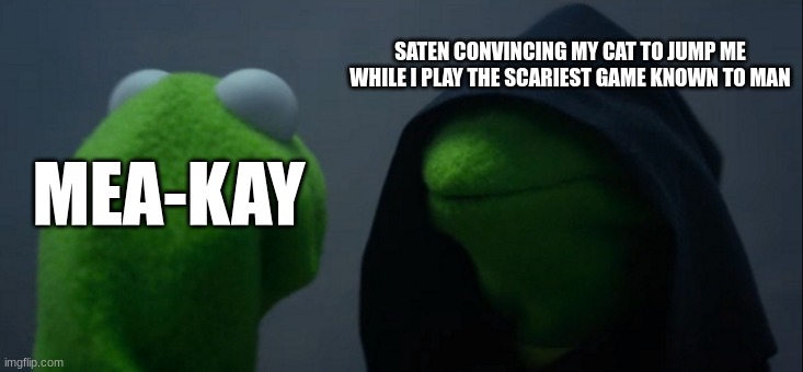 AHHHH | SATEN CONVINCING MY CAT TO JUMP ME WHILE I PLAY THE SCARIEST GAME KNOWN TO MAN; MEA-KAY | image tagged in memes,evil kermit | made w/ Imgflip meme maker