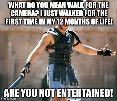Gladiator  | WHAT DO YOU MEAN WALK FOR THE CAMERA? I JUST WALKED FOR THE FIRST TIME IN MY 12 MONTHS OF LIFE! ARE YOU NOT ENTERTAINED! | image tagged in gladiator ,AdviceAnimals | made w/ Imgflip meme maker