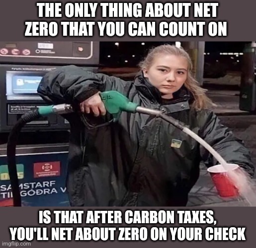 Gas cup | THE ONLY THING ABOUT NET ZERO THAT YOU CAN COUNT ON; IS THAT AFTER CARBON TAXES, YOU'LL NET ABOUT ZERO ON YOUR CHECK | image tagged in gas cup,funny memes | made w/ Imgflip meme maker