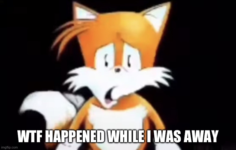 Traumatized tails | WTF HAPPENED WHILE I WAS AWAY | image tagged in traumatized tails | made w/ Imgflip meme maker