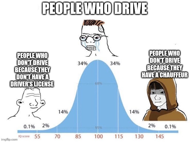 Driving | PEOPLE WHO DRIVE; PEOPLE WHO DON'T DRIVE BECAUSE THEY DON'T HAVE A DRIVER'S LICENSE; PEOPLE WHO DON'T DRIVE BECAUSE THEY HAVE A CHAUFFEUR | image tagged in bell curve | made w/ Imgflip meme maker