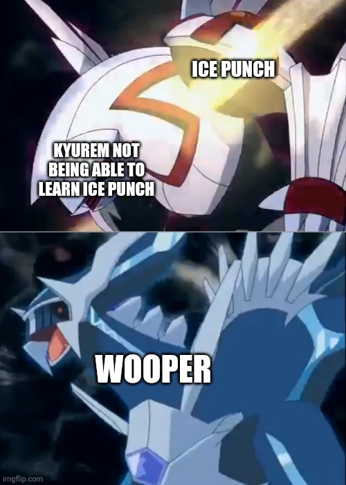 New meme format to milk hehehehe >: ] | ICE PUNCH; KYUREM NOT
BEING ABLE TO
LEARN ICE PUNCH; WOOPER | image tagged in pokemon,fun | made w/ Imgflip meme maker