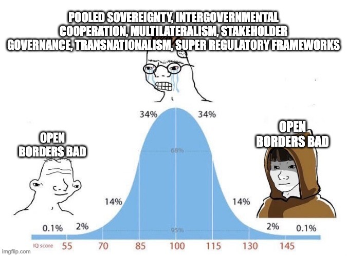 Bell Curve | POOLED SOVEREIGNTY, INTERGOVERNMENTAL COOPERATION, MULTILATERALISM, STAKEHOLDER GOVERNANCE, TRANSNATIONALISM, SUPER REGULATORY FRAMEWORKS; OPEN BORDERS BAD; OPEN BORDERS BAD | image tagged in bell curve | made w/ Imgflip meme maker