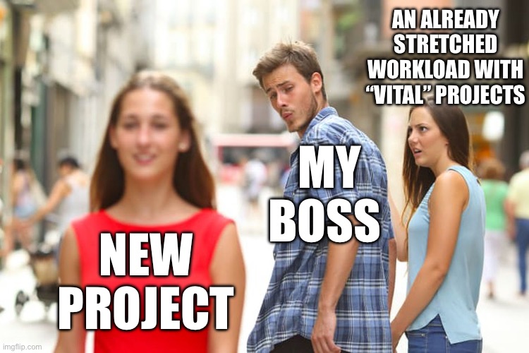 Distracted Boyfriend Meme | AN ALREADY STRETCHED WORKLOAD WITH “VITAL” PROJECTS; MY BOSS; NEW PROJECT | image tagged in memes,distracted boyfriend | made w/ Imgflip meme maker