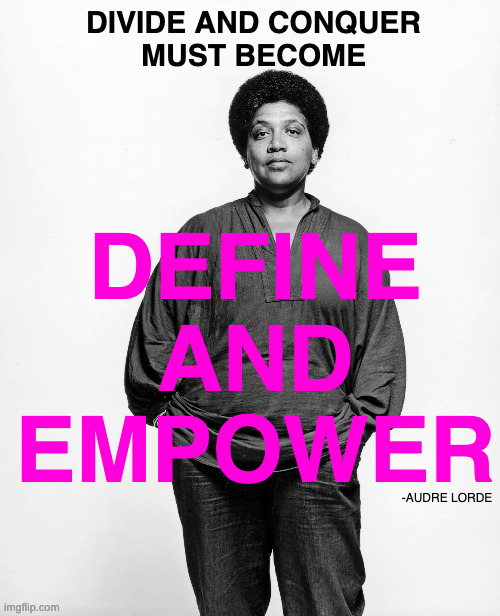 DIVIDE AND CONQUER
MUST BECOME; DEFINE
AND
EMPOWER; -AUDRE LORDE | made w/ Imgflip meme maker