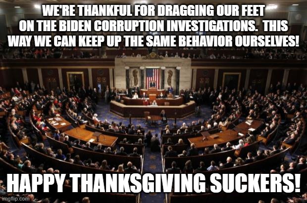 congress | WE'RE THANKFUL FOR DRAGGING OUR FEET ON THE BIDEN CORRUPTION INVESTIGATIONS.  THIS WAY WE CAN KEEP UP THE SAME BEHAVIOR OURSELVES! HAPPY THANKSGIVING SUCKERS! | image tagged in congress | made w/ Imgflip meme maker