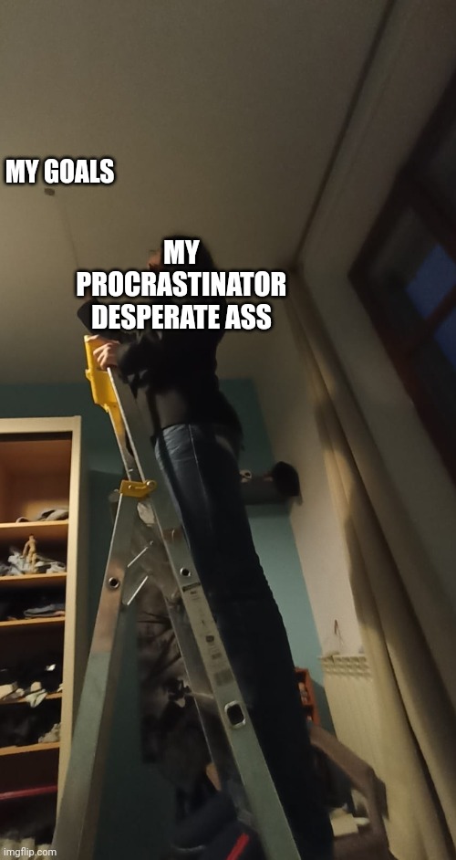 Tryna reach it | MY PROCRASTINATOR DESPERATE ASS; MY GOALS | image tagged in tryna reach it | made w/ Imgflip meme maker