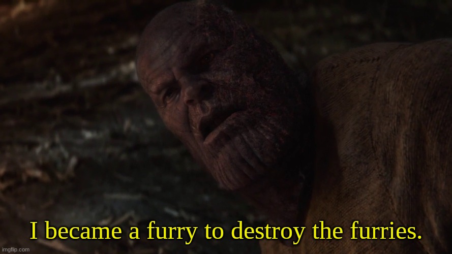 Thanos I Used The Stones To Destroy The Stones | I became a furry to destroy the furries. | image tagged in thanos i used the stones to destroy the stones | made w/ Imgflip meme maker