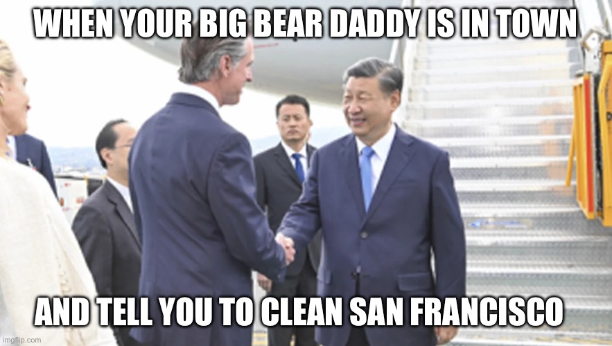 Xi meet Gavin | WHEN YOUR BIG BEAR DADDY IS IN TOWN; AND TELL YOU TO CLEAN SAN FRANCISCO | image tagged in xi meet gavin,san francisco | made w/ Imgflip meme maker