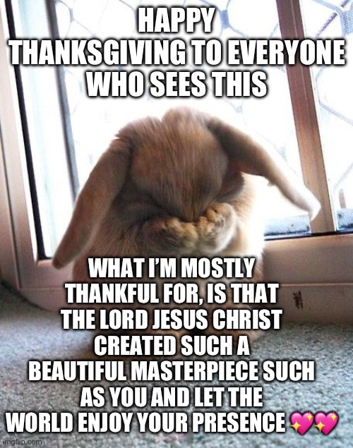 Happy thanksgiving everyone, you are loved unconditionally <3 | HAPPY THANKSGIVING TO EVERYONE WHO SEES THIS; WHAT I’M MOSTLY THANKFUL FOR, IS THAT THE LORD JESUS CHRIST CREATED SUCH A BEAUTIFUL MASTERPIECE SUCH AS YOU AND LET THE WORLD ENJOY YOUR PRESENCE 💖💖 | image tagged in embarrassed bunny,wholesome | made w/ Imgflip meme maker