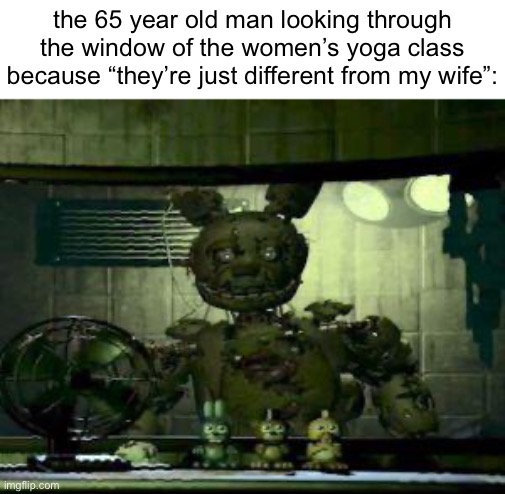 FNAF Springtrap in window | the 65 year old man looking through the window of the women’s yoga class because “they’re just different from my wife”: | image tagged in fnaf springtrap in window | made w/ Imgflip meme maker