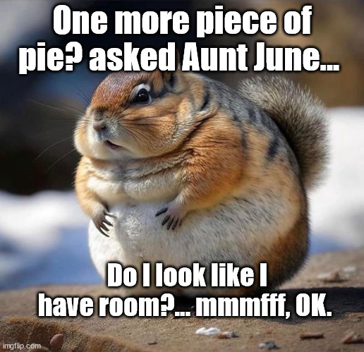 More Pie? | One more piece of pie? asked Aunt June... Do I look like I have room?... mmmfff, OK. | image tagged in thanksgiving dinner | made w/ Imgflip meme maker