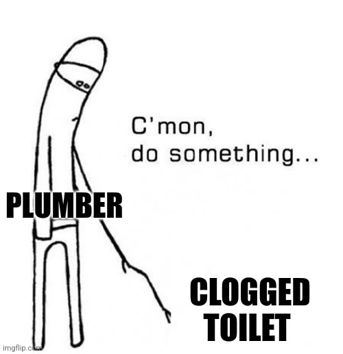 When the plumber doesn't know how to unclog the toilet | PLUMBER; CLOGGED TOILET | image tagged in cmon do something | made w/ Imgflip meme maker