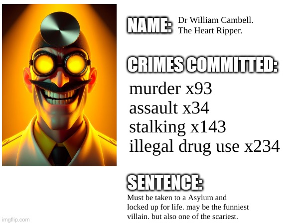 Dr Cambells Record | Dr William Cambell.
The Heart Ripper. murder x93
assault x34
stalking x143
illegal drug use x234; Must be taken to a Asylum and locked up for life. may be the funniest villain. but also one of the scariest. | image tagged in cartoon,villain,timezone,movie,funny | made w/ Imgflip meme maker