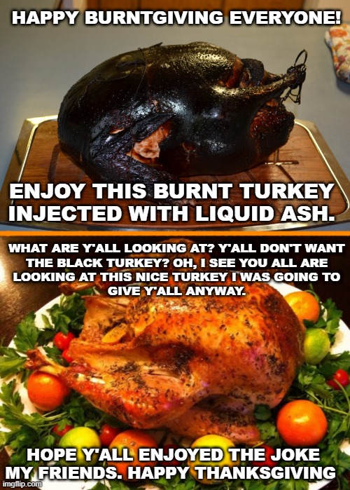 Burnt/Thanksgiving | HAPPY BURNTGIVING EVERYONE! ENJOY THIS BURNT TURKEY 
INJECTED WITH LIQUID ASH. WHAT ARE Y'ALL LOOKING AT? Y'ALL DON'T WANT
THE BLACK TURKEY? OH, I SEE YOU ALL ARE
LOOKING AT THIS NICE TURKEY I WAS GOING TO
GIVE Y'ALL ANYWAY. HOPE Y'ALL ENJOYED THE JOKE MY FRIENDS. HAPPY THANKSGIVING | image tagged in burnt turkey,roasted turkey | made w/ Imgflip meme maker