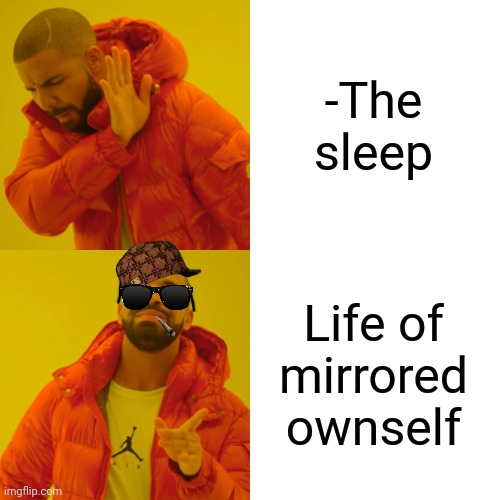 -Go, man, take it all! | -The sleep; Life of mirrored ownself | image tagged in memes,drake hotline bling,hey you going to sleep,pointing mirror guy,real life,so true | made w/ Imgflip meme maker