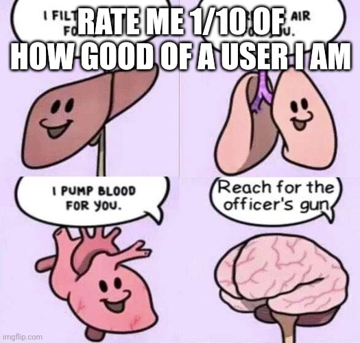 Reach for the officers gun | RATE ME 1/10 OF HOW GOOD OF A USER I AM | image tagged in reach for the officers gun | made w/ Imgflip meme maker