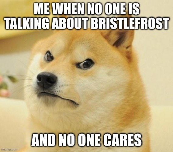 Mad doge | ME WHEN NO ONE IS TALKING ABOUT BRISTLEFROST; AND NO ONE CARES | image tagged in mad doge | made w/ Imgflip meme maker