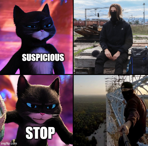 Puss in Boots, drake meme | SUSPICIOUS; STOP | image tagged in puss in boots,latticeclimbing,gato,kitty,shiey,climbing | made w/ Imgflip meme maker