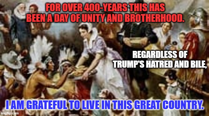 Happy Thanksgiving to EVERYONE. | FOR OVER 400-YEARS THIS HAS BEEN A DAY OF UNITY AND BROTHERHOOD. REGARDLESS OF TRUMP'S HATRED AND BILE, I AM GRATEFUL TO LIVE IN THIS GREAT COUNTRY. | image tagged in politics | made w/ Imgflip meme maker