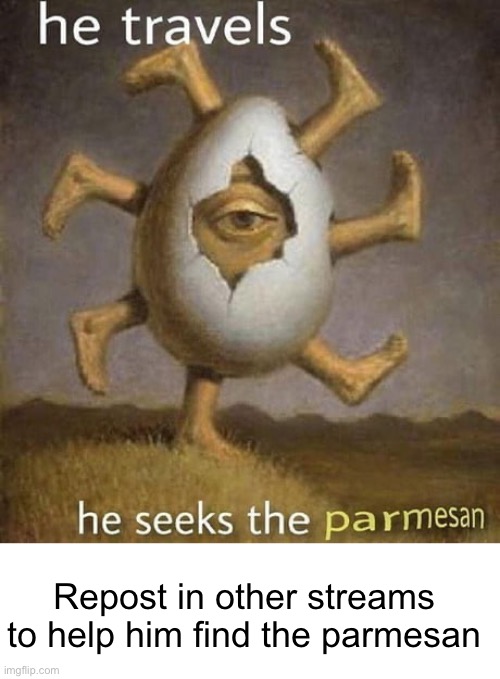 Repost in other streams to help him find the parmesan | image tagged in repost this,egg,feet | made w/ Imgflip meme maker