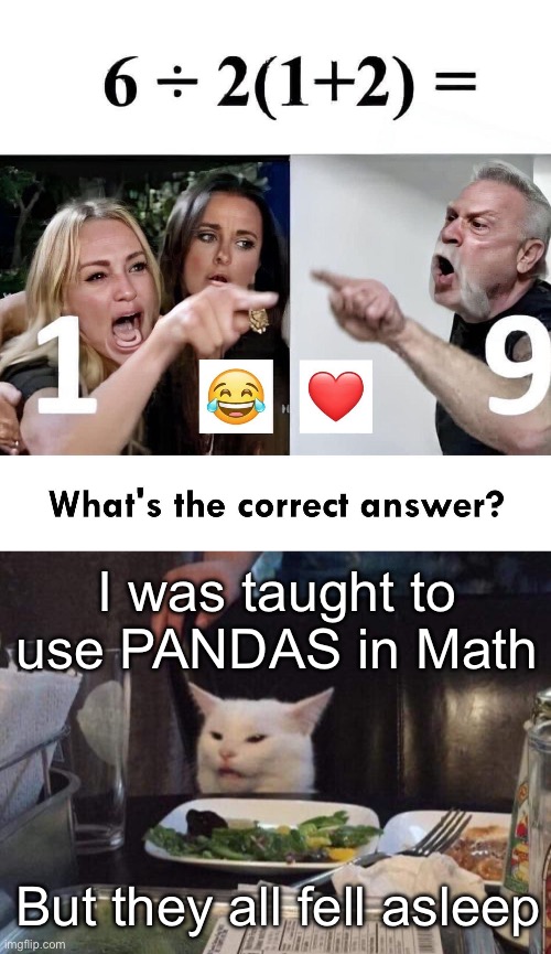 Pandas | I was taught to use PANDAS in Math; But they all fell asleep | image tagged in salad cat,panda,math,math lady/confused lady | made w/ Imgflip meme maker