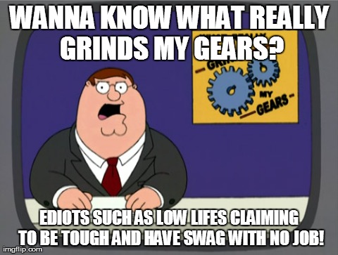 Peter Griffin News Meme | WANNA KNOW WHAT REALLY GRINDS MY GEARS? EDIOTS SUCH AS LOW LIFES CLAIMING TO BE TOUGH AND HAVE SWAG WITH NO JOB! | image tagged in memes,peter griffin news | made w/ Imgflip meme maker