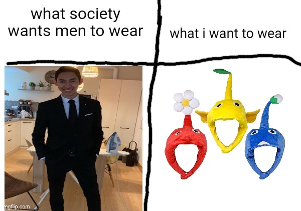 Pikmin hat | image tagged in what society wants men to wear vs what i want to wear | made w/ Imgflip meme maker