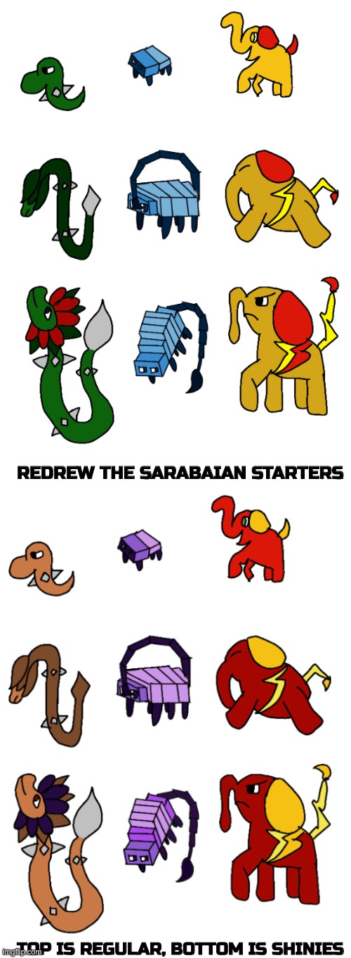 Final Evos are Grass/Rock, Water/Bug, and Fire/Electric | REDREW THE SARABAIAN STARTERS; TOP IS REGULAR, BOTTOM IS SHINIES | made w/ Imgflip meme maker