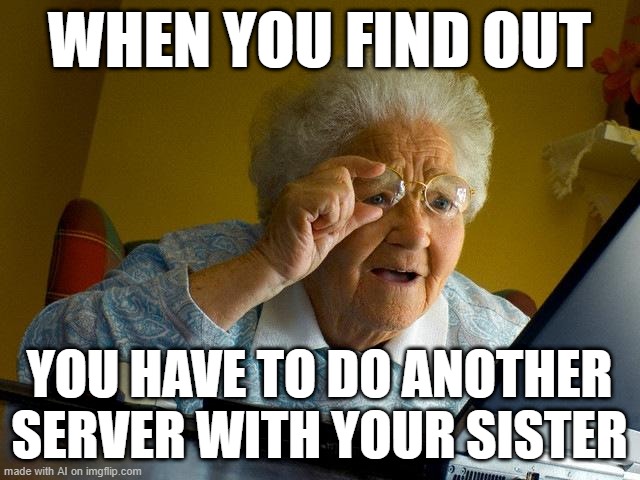 Grandma Finds The Internet Meme | WHEN YOU FIND OUT; YOU HAVE TO DO ANOTHER SERVER WITH YOUR SISTER | image tagged in memes,grandma finds the internet | made w/ Imgflip meme maker