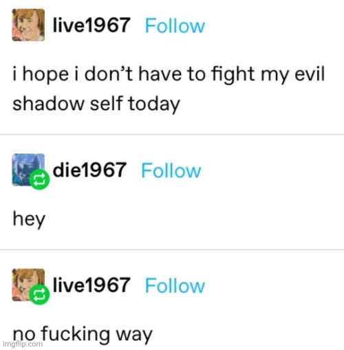 I hope I don't have to fight my evil shadow self today | image tagged in i hope i don't have to fight my evil shadow self today | made w/ Imgflip meme maker