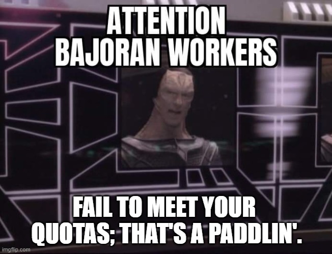 Star Trek Deep Space Nine Gul Dukat Attention Bajoran workers | FAIL TO MEET YOUR  QUOTAS; THAT'S A PADDLIN'. | image tagged in star trek deep space nine gul dukat attention bajoran workers | made w/ Imgflip meme maker