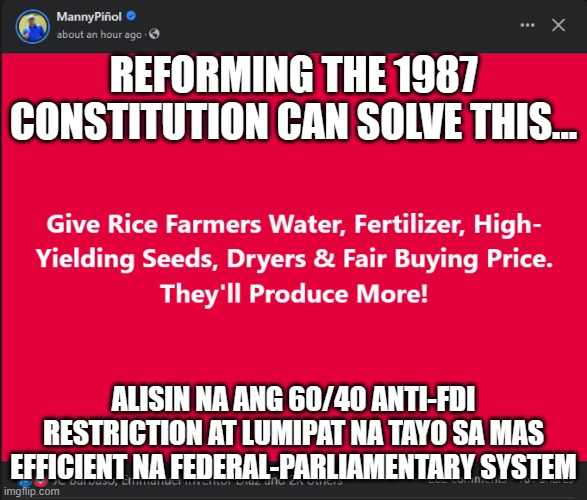 REFORMING THE 1987 CONSTITUTION CAN SOLVE THIS... ALISIN NA ANG 60/40 ANTI-FDI RESTRICTION AT LUMIPAT NA TAYO SA MAS EFFICIENT NA FEDERAL-PARLIAMENTARY SYSTEM | made w/ Imgflip meme maker