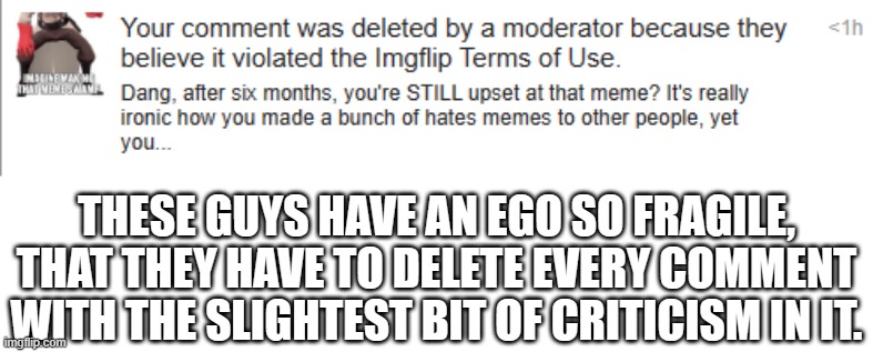 The REAL most dumb mods LMAO | THESE GUYS HAVE AN EGO SO FRAGILE, THAT THEY HAVE TO DELETE EVERY COMMENT WITH THE SLIGHTEST BIT OF CRITICISM IN IT. | made w/ Imgflip meme maker