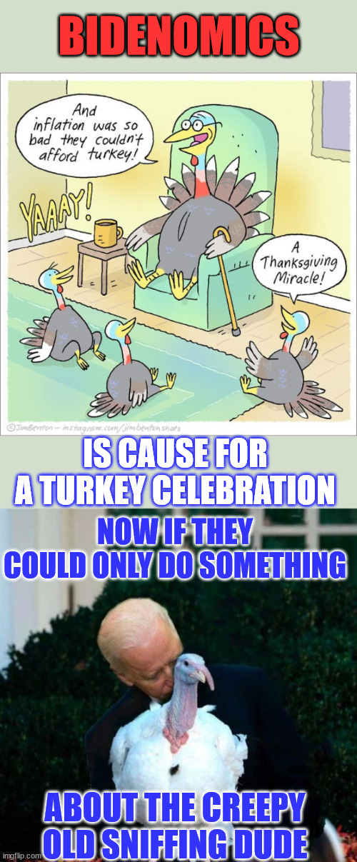 Happy Thanksgiving | BIDENOMICS; IS CAUSE FOR A TURKEY CELEBRATION; NOW IF THEY COULD ONLY DO SOMETHING; ABOUT THE CREEPY OLD SNIFFING DUDE | image tagged in happy,turkeys,happy thanksgiving,creepy,joe biden | made w/ Imgflip meme maker